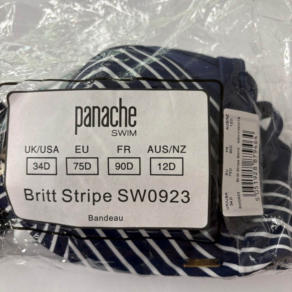 Panache Womens Swim Britt Stripe Bandeau Bikini Top 34D Navy White SW0923 Pin Up